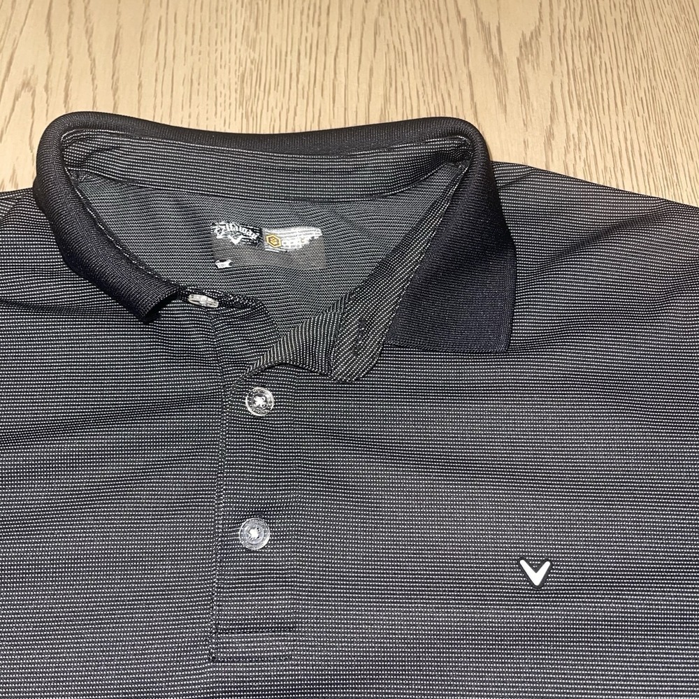 Callaway Men's Polo Shirt L Black/White Striped Loose Fit Short Sleeve Logo